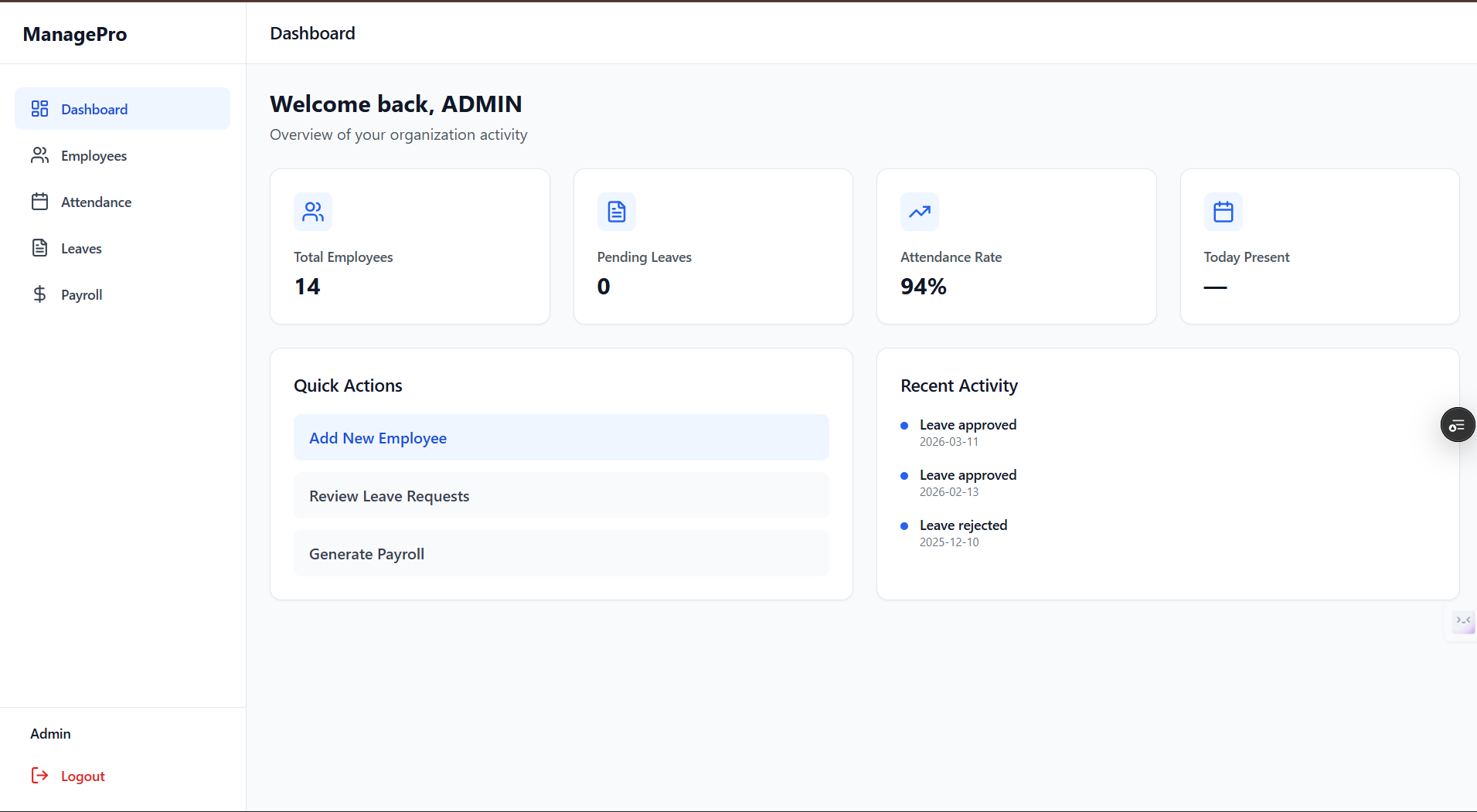 ManagePro - Full-Stack HRMS Platform